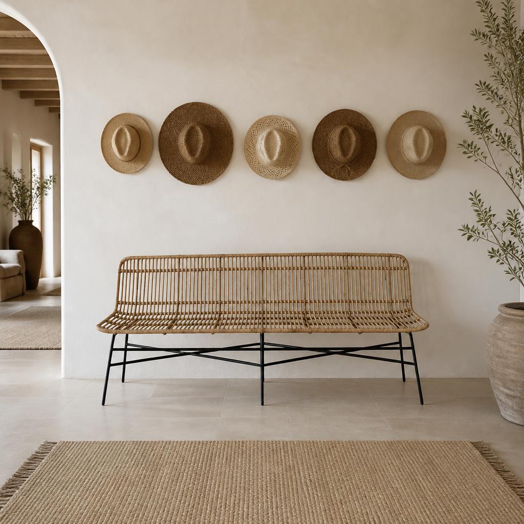 Long Rattan Bench on Metal Legs styled in a room
