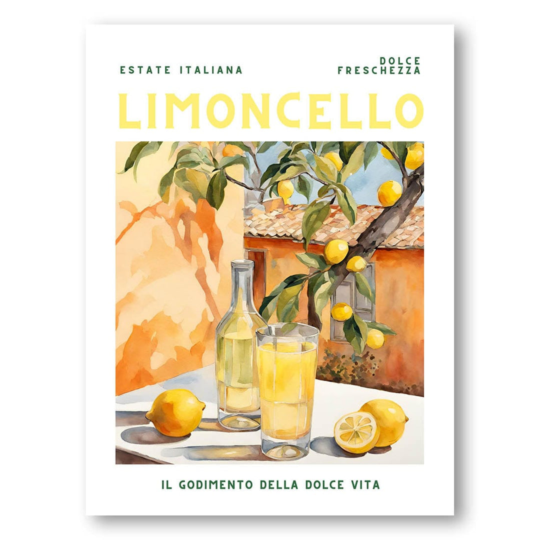Limoncello Italian liqueur art print with lemon motifs perfect for kitchen dining area