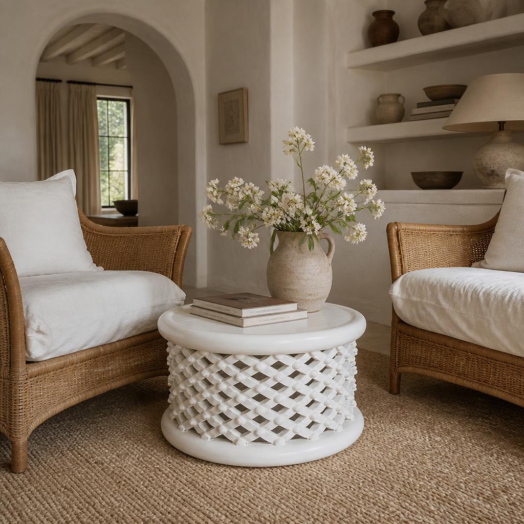 White Bamileke Stool, Ø60 × H40 cm shown in a styled room