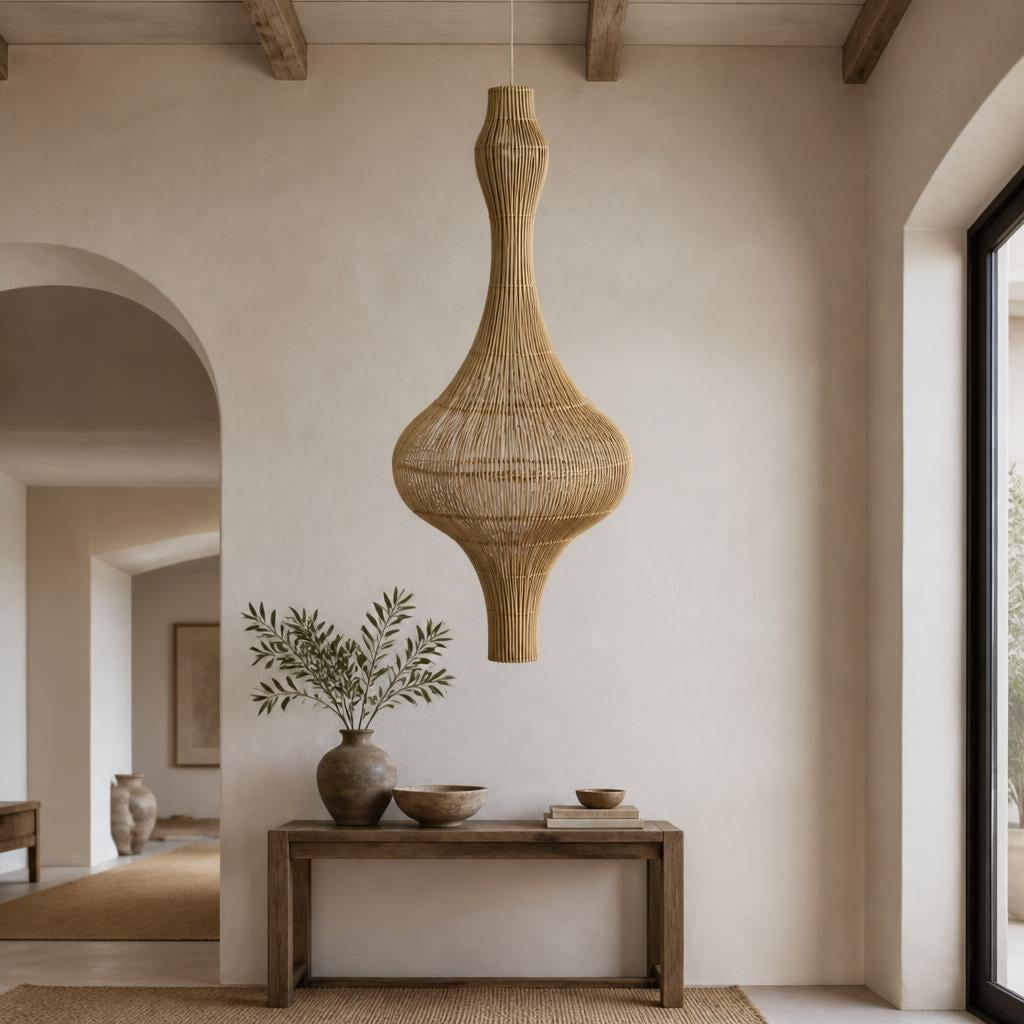 Pendulum Rattan Pendant Light styled in a room