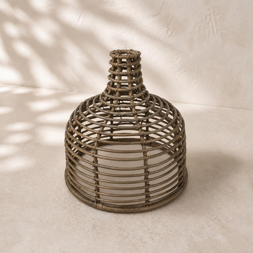 Weathered Rattan Bell Pendant Light, studio view