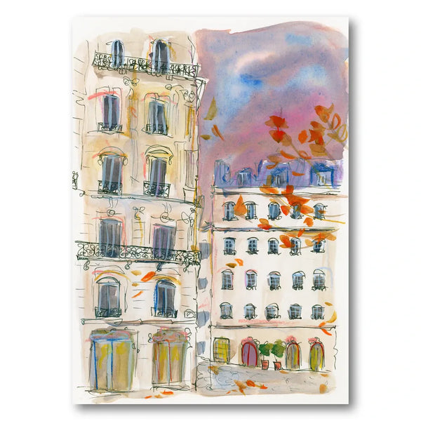 Paris street corner with purple sky Art Print