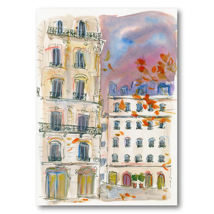 Paris street corner with purple sky Art Print