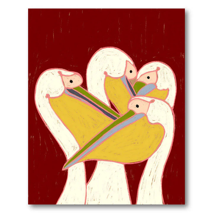 Harmony of Pelicans in Crimson Art Print