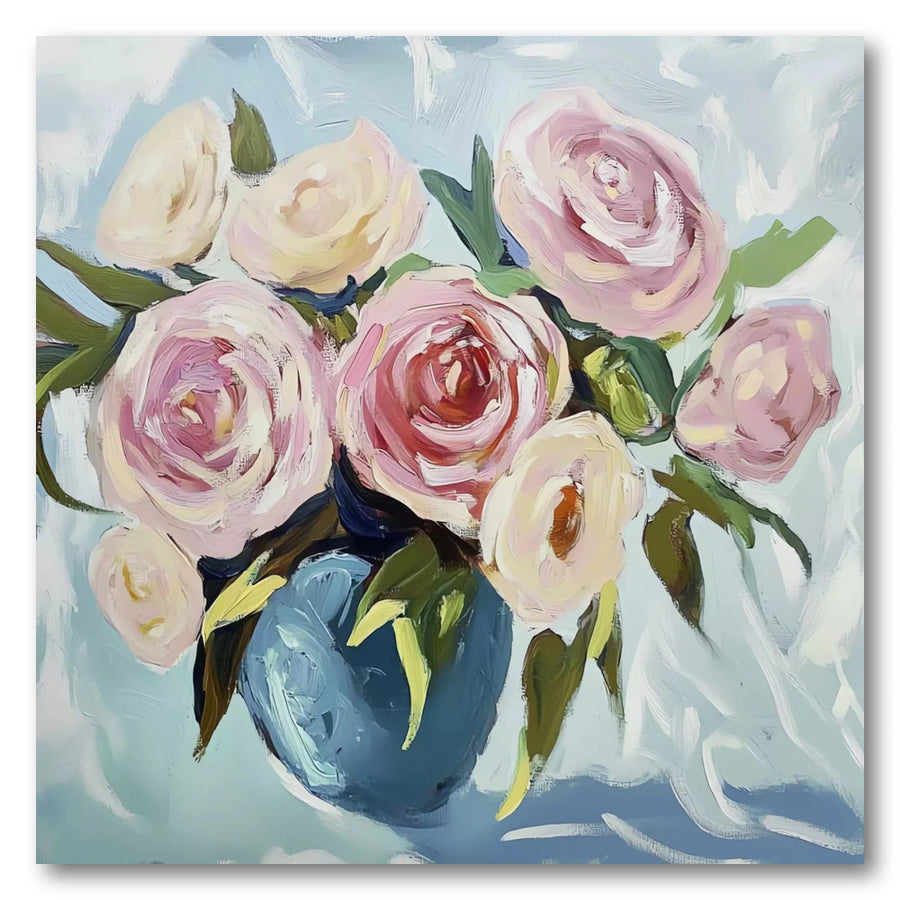 Pink Roses in Blue Vase Art Print