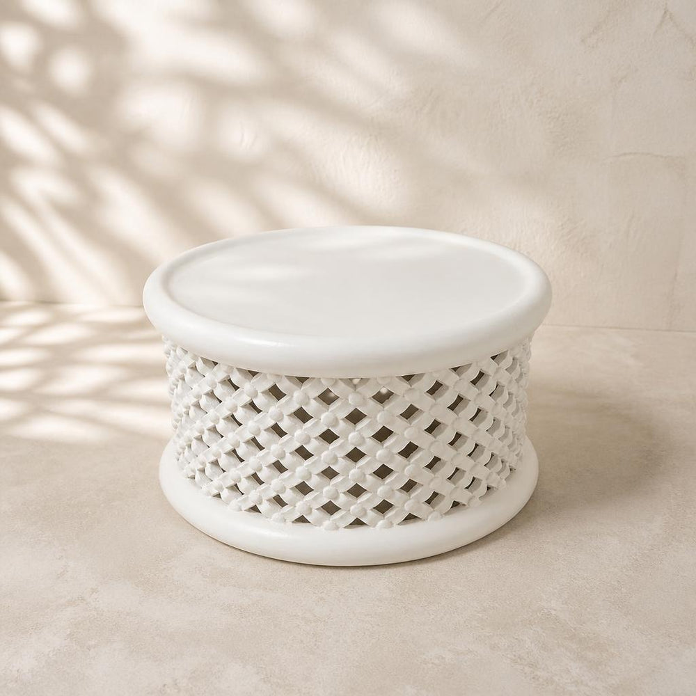White Bamileke Stool, Ø80 × H40 cm studio view