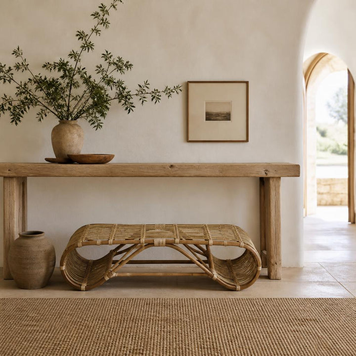 Rattan S-Bench styled in a room