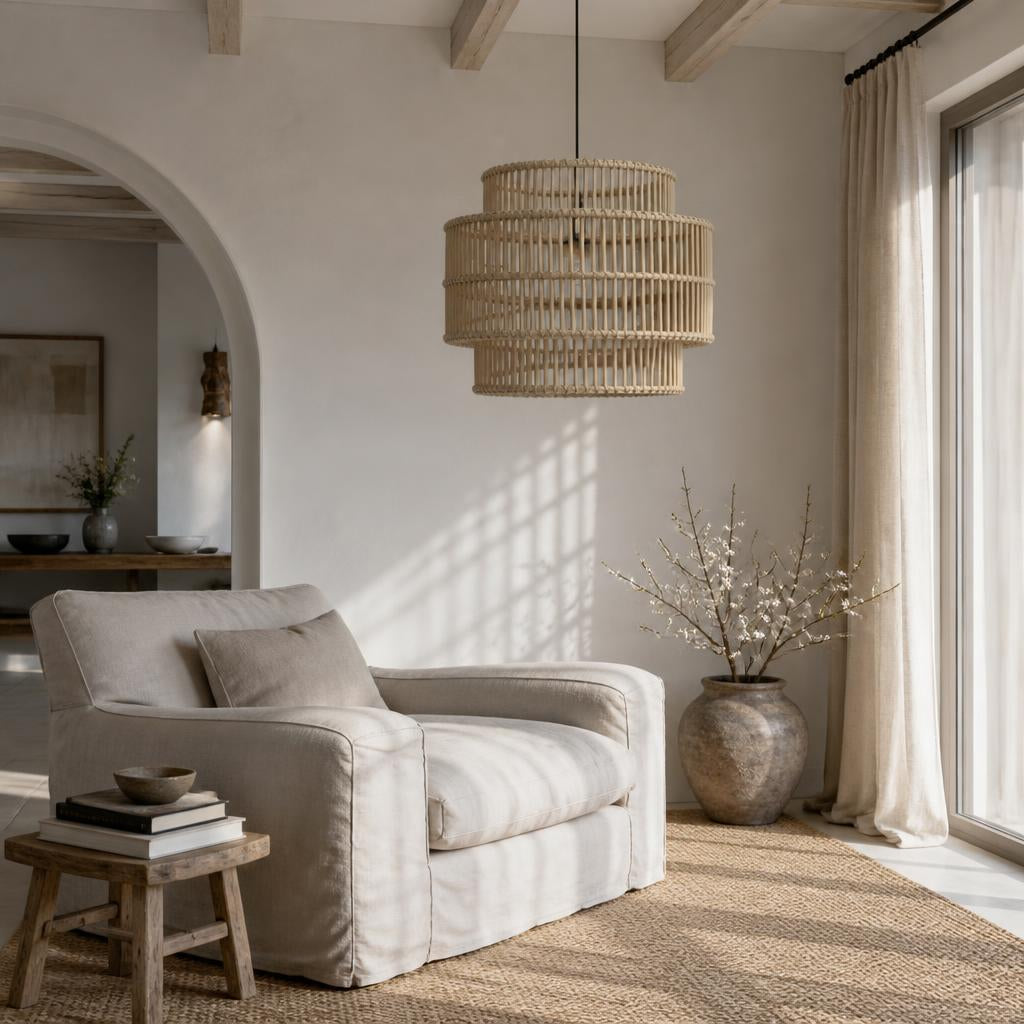 Three-Tier Rattan Pendant Light styled in a room