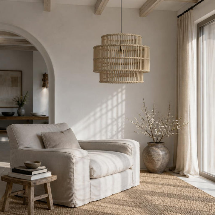 Three-Tier Rattan Pendant Light styled in a room