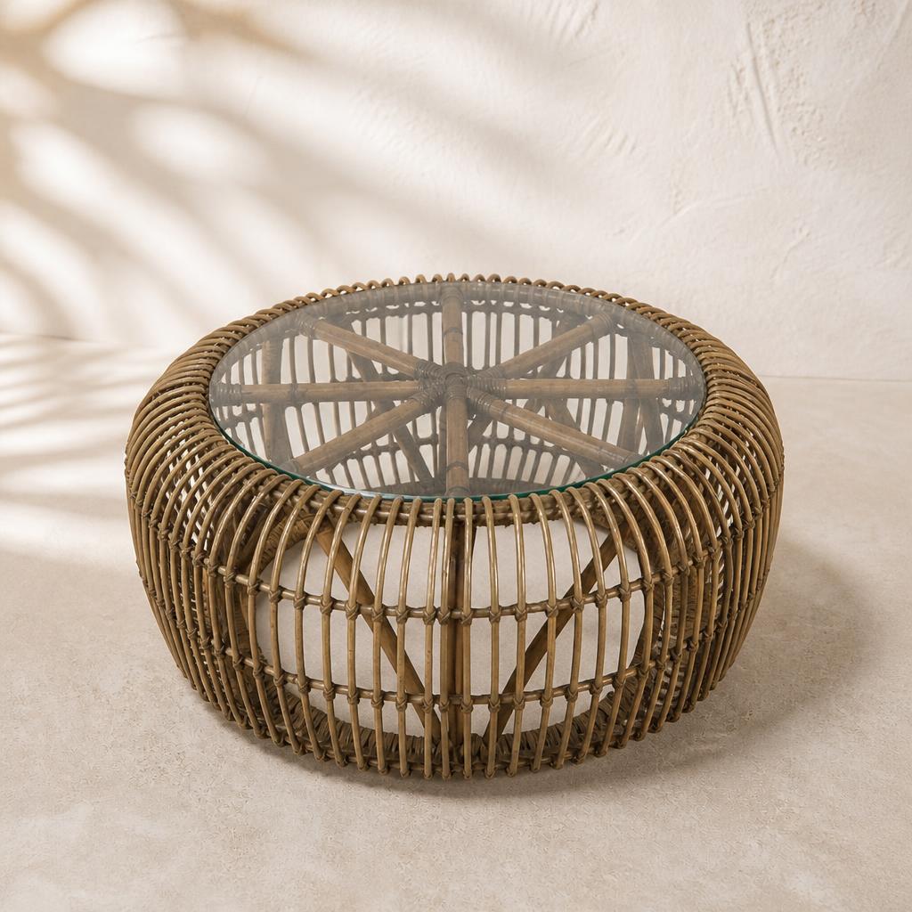 Spoke Rattan Coffee Table with Glass Top, studio view