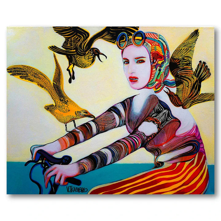 Cyclist and Seagulls Whimsical Art Print