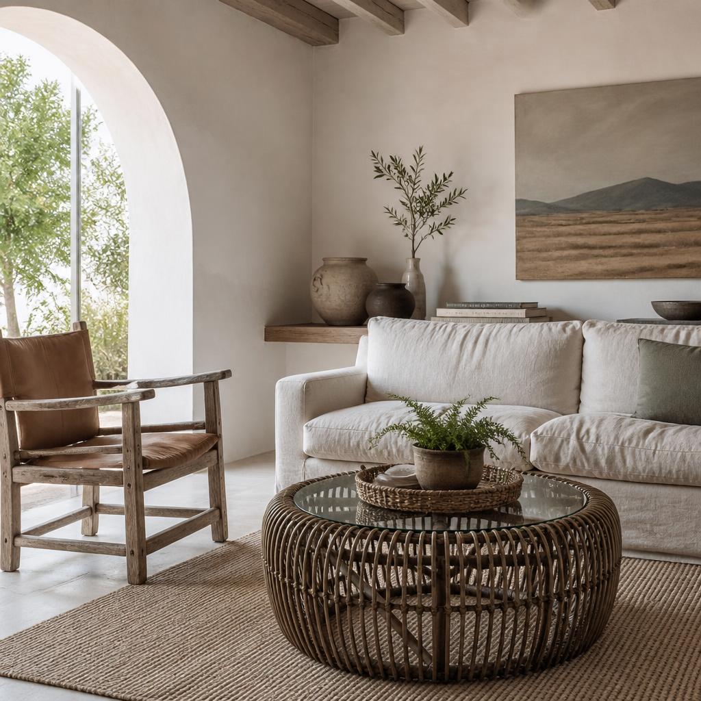 Spoke Rattan Coffee Table with Glass Top styled in a room