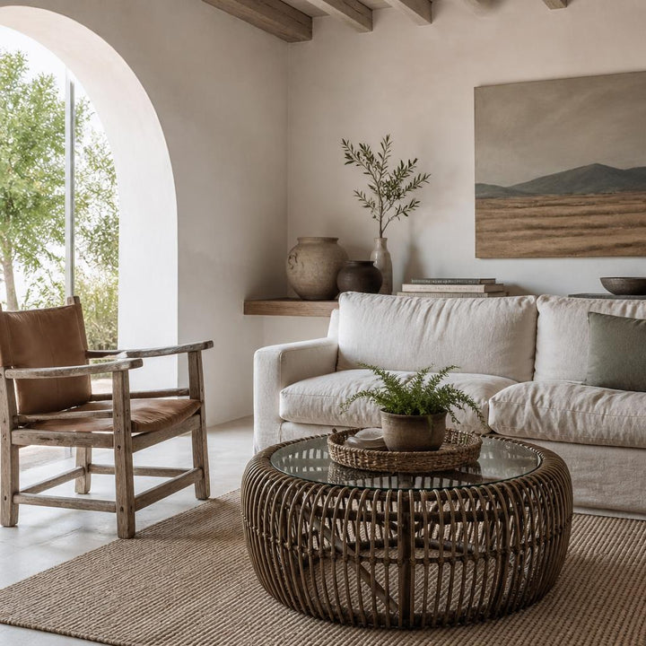Spoke Rattan Coffee Table with Glass Top styled in a room