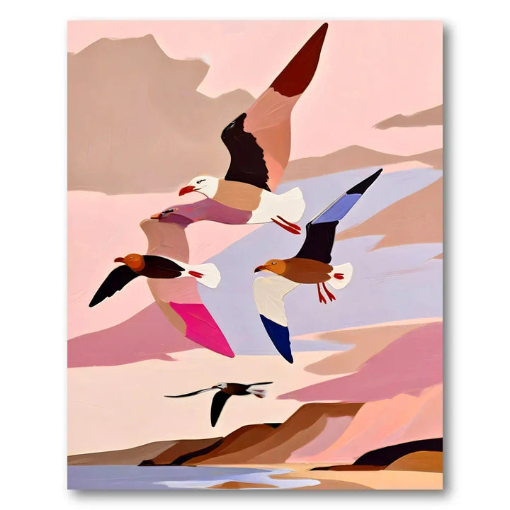 Colorful Seagulls at Sunset Art Print