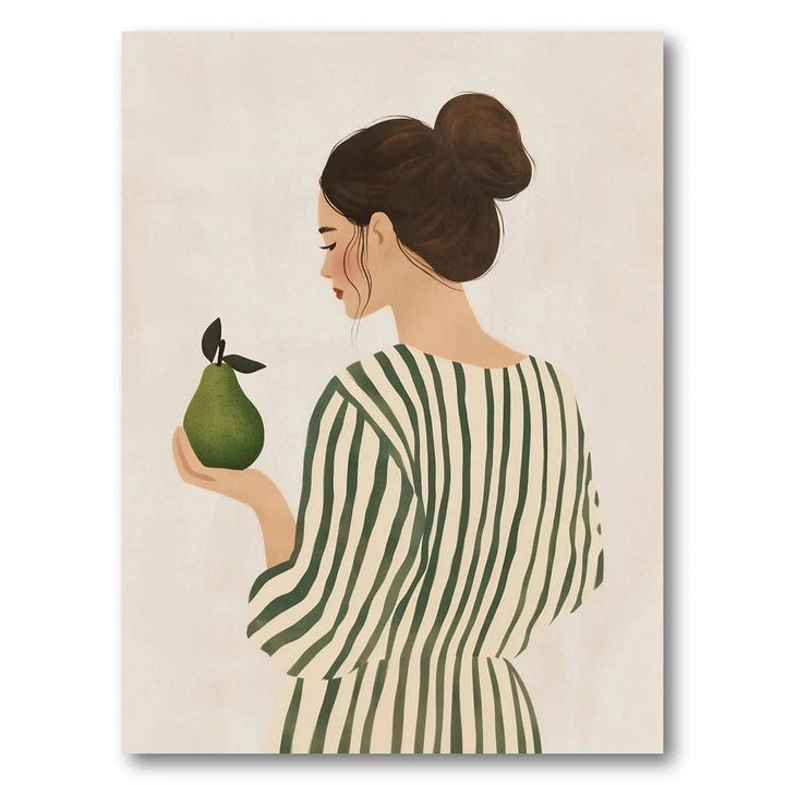 Woman Holding Pear in Striped Dress Art Print