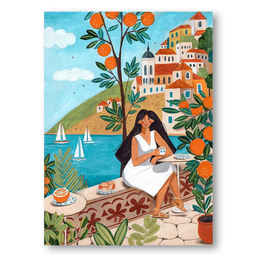 Travel poster woman in Mediterranean coast Mediterranean Art Print
