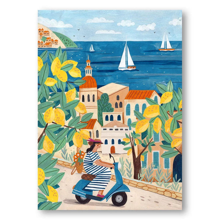 Travel poster woman on the Amalfi coast, Italy Mediterranean Art Print