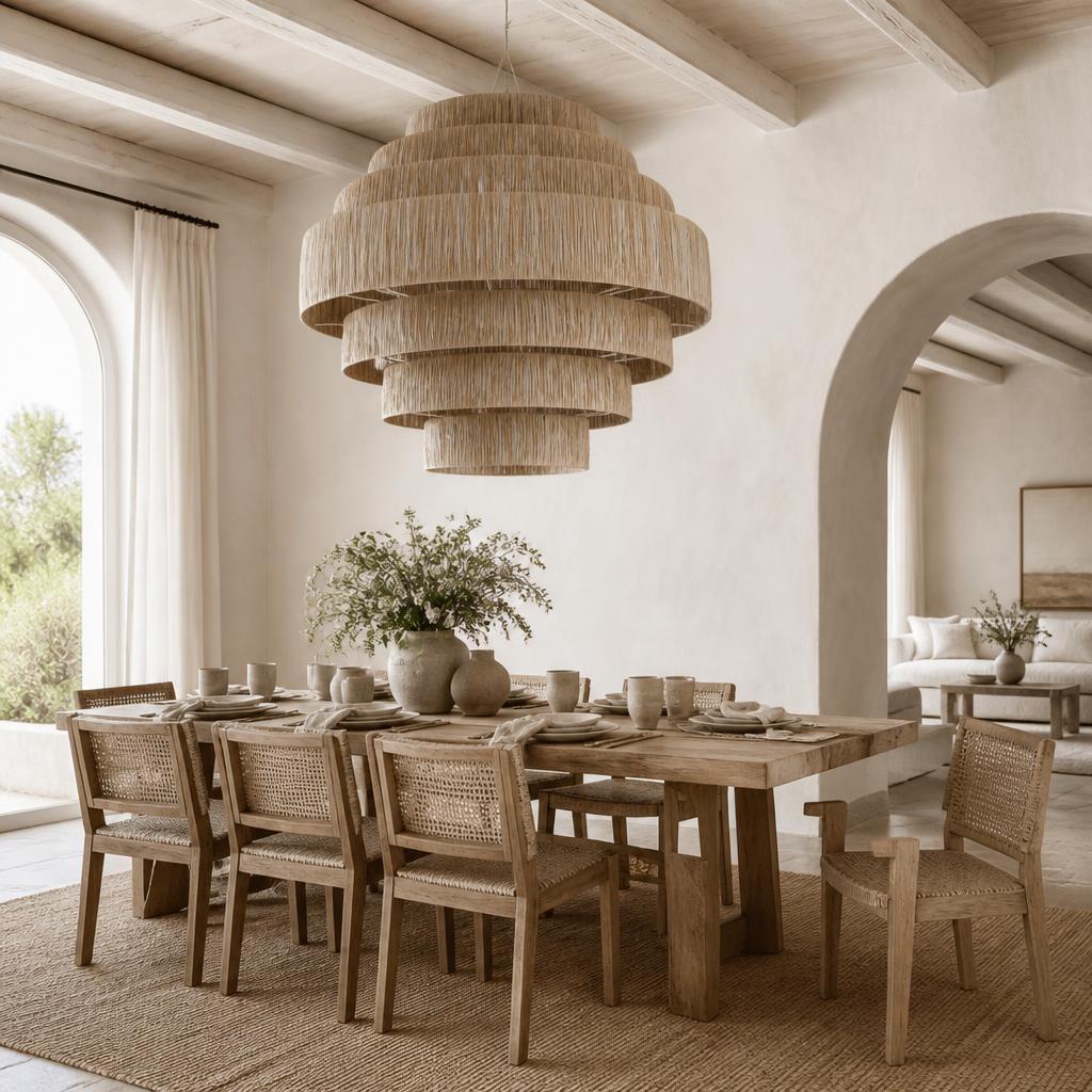 Terraced Raffia Pendant Light styled in a room