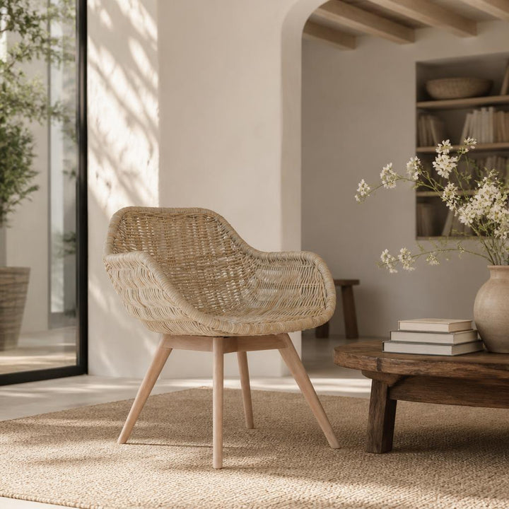 Scoop Rattan Armchair with Wooden Legs styled in a room