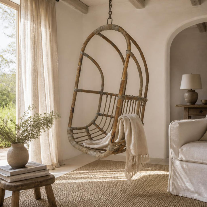 Hanging Rattan Egg Chair styled in a room