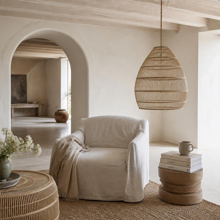 Cone Rattan Pendant Light styled in a room
