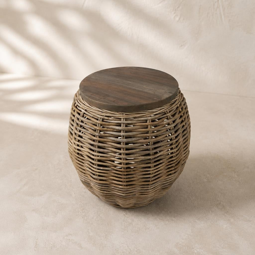 Rattan Side Table with Wood Top, studio view