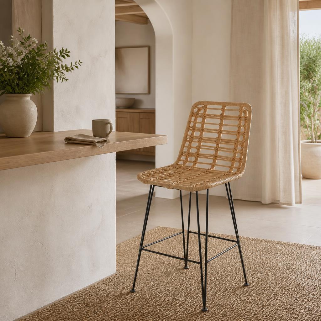 Square-Weave Rattan Counter Chair styled in a room