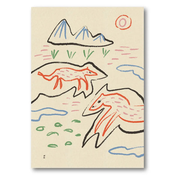 Whimsical Foxes Mountain Landscape Art Print