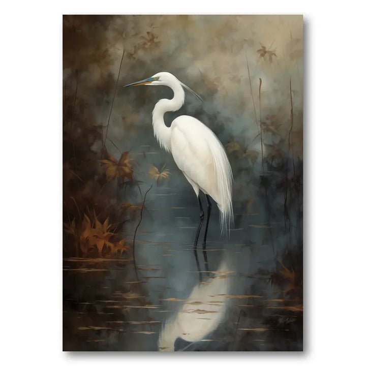 Serene White Egret Reflection Art Print