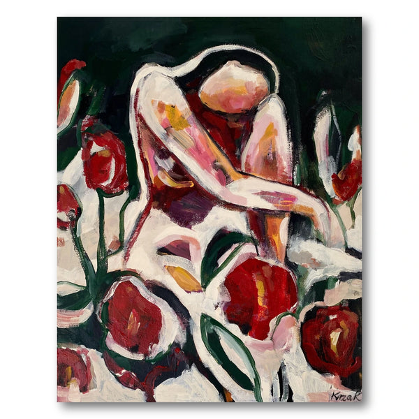 Woman Among Red Flowers Art Print