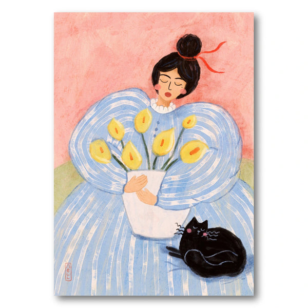 Woman With Flowers And Cat Art Print