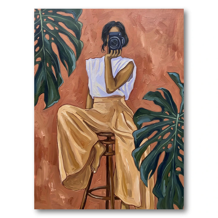 Woman with Camera and Monstera Art Print