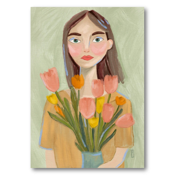 Woman with Spring Tulips Art Print