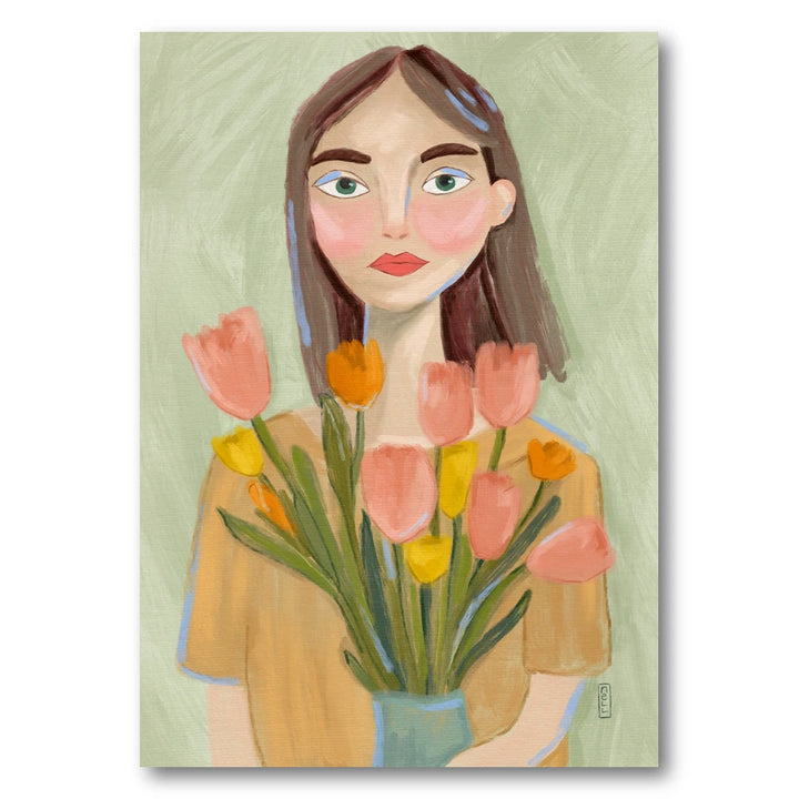 Woman with Spring Tulips Art Print