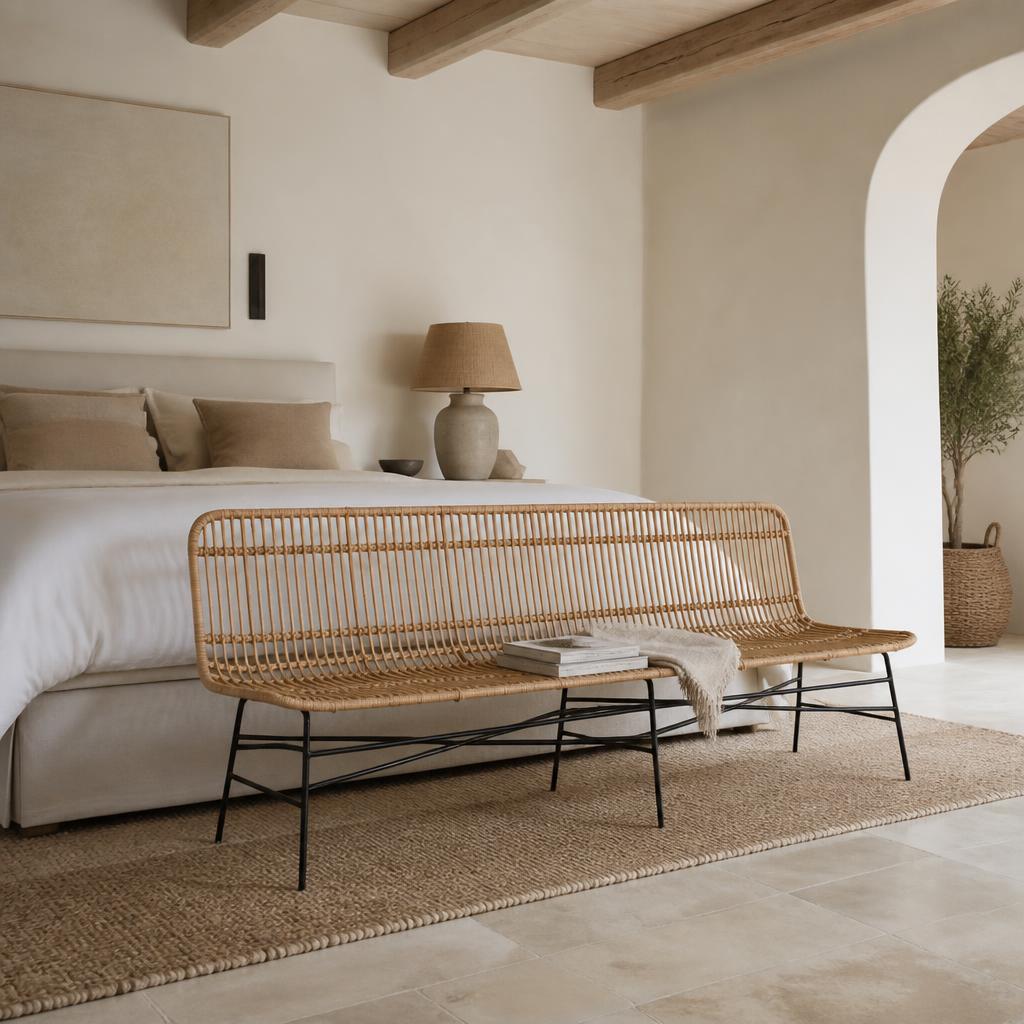 Long Rattan Bench on Metal Legs styled in a room