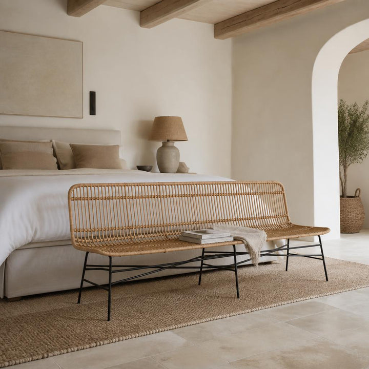 Long Rattan Bench on Metal Legs styled in a room