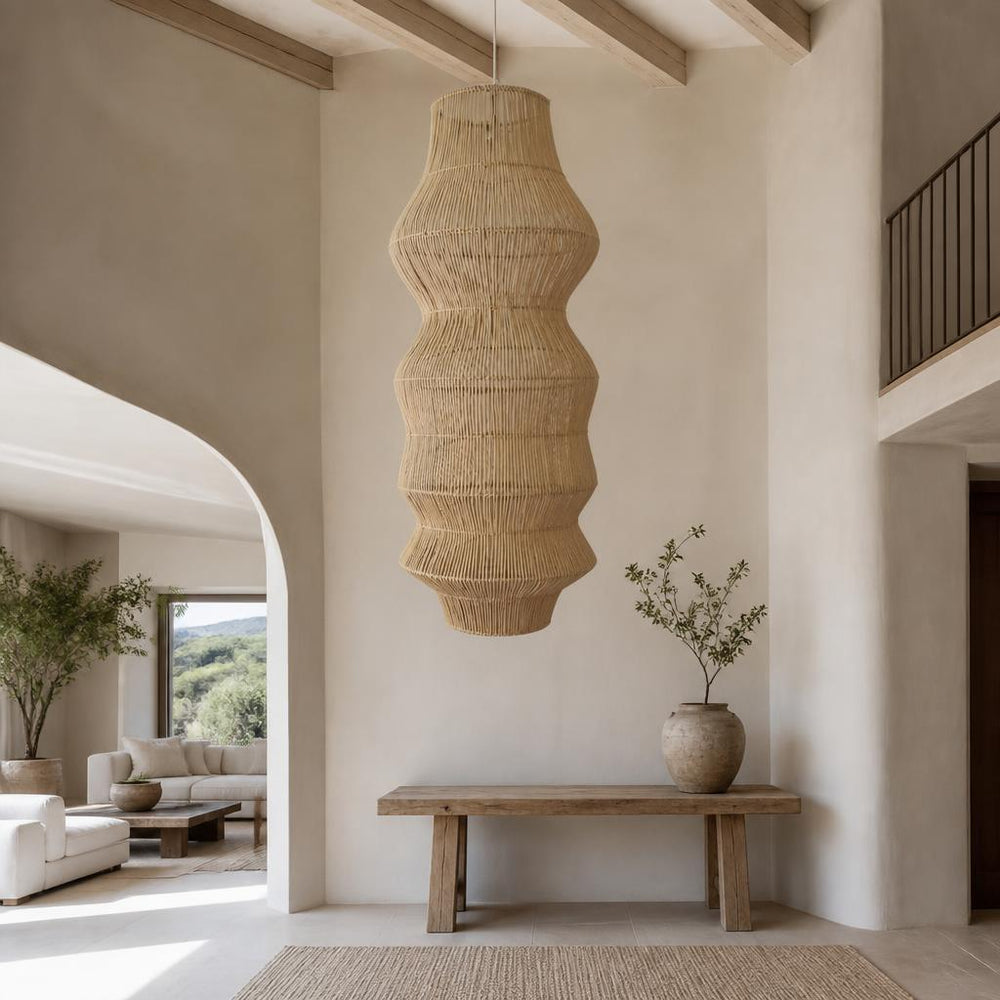 Double Sock Rattan Pendant Light styled in a room