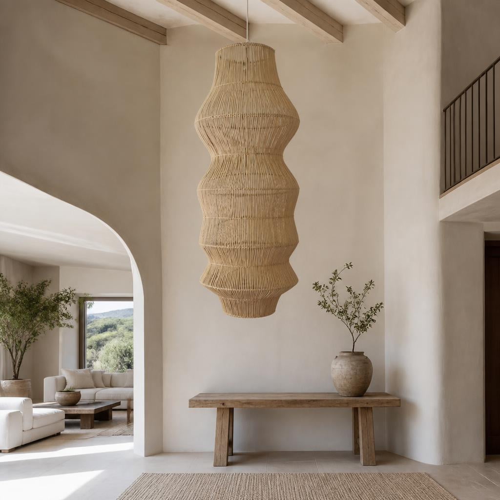 Double Sock Rattan Pendant Light shown in a styled room