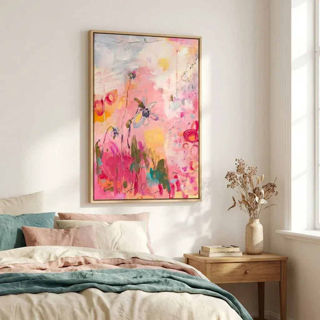 Abstract Floral Dreams Bees And Pink Blooms Art Print shown in a styled room