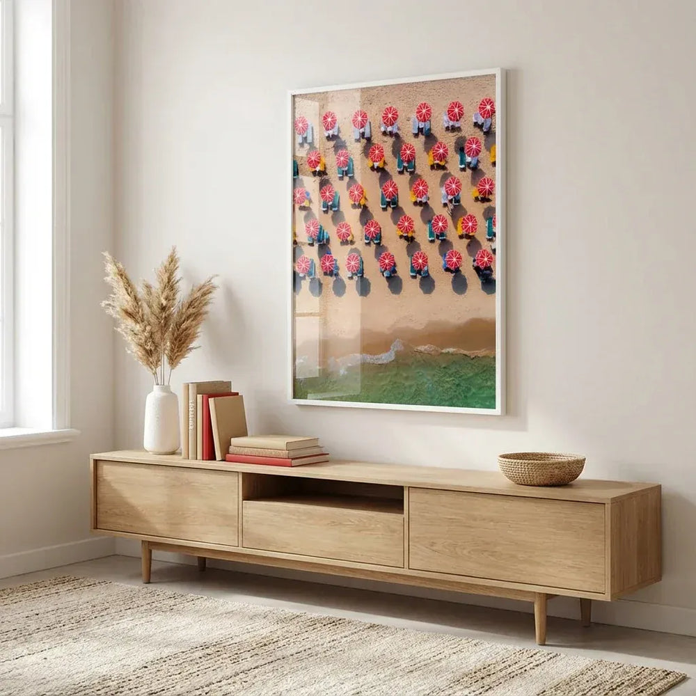 Room mockup featuring Aerial Beach Umbrella Art Print