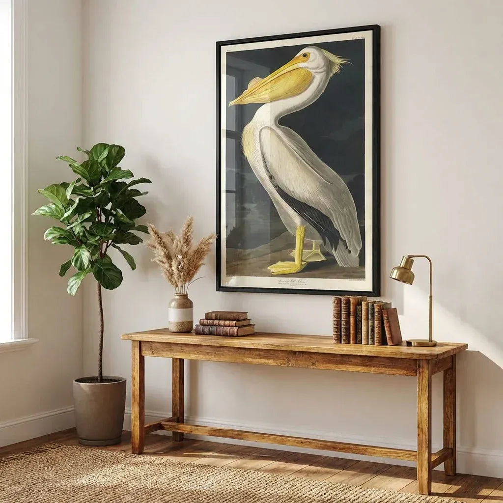 American White Pelican by John James Audubon shown in a styled room