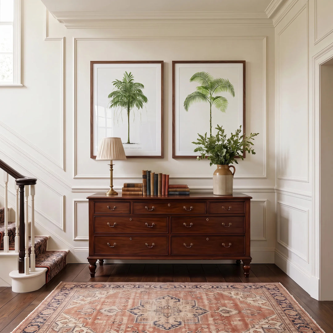 Areca Monostachya and Chamaedorea Graminifolia Vintage Palm Pair framed on a stair landing