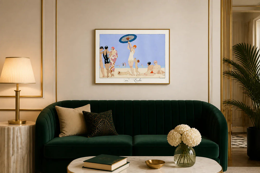 Au Lido by George Barbier Art Print framed in an elegant Art Deco interior