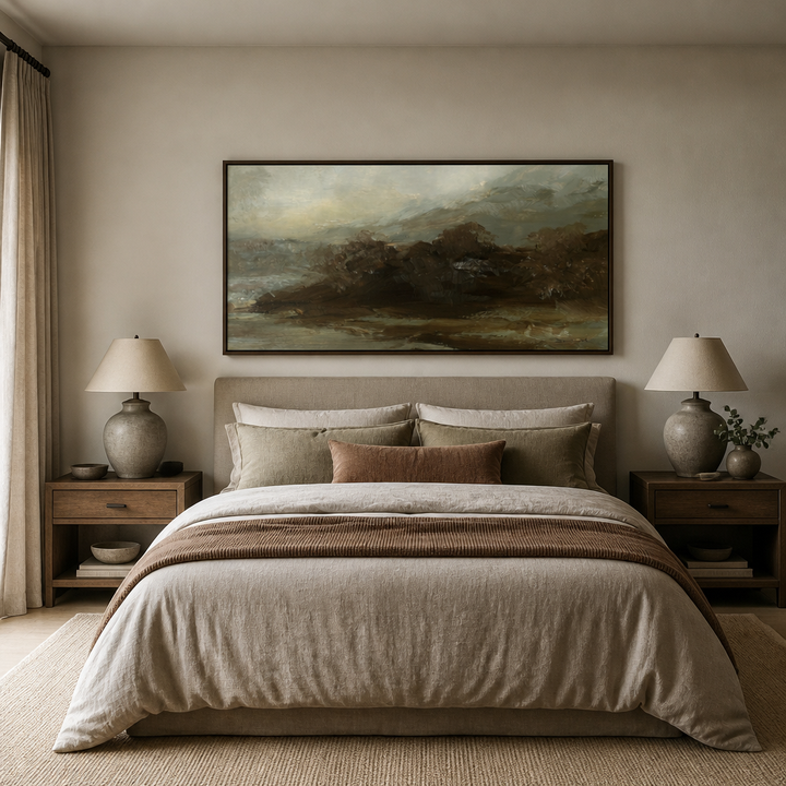 Ash Wood Large Canvas Art above a king bed