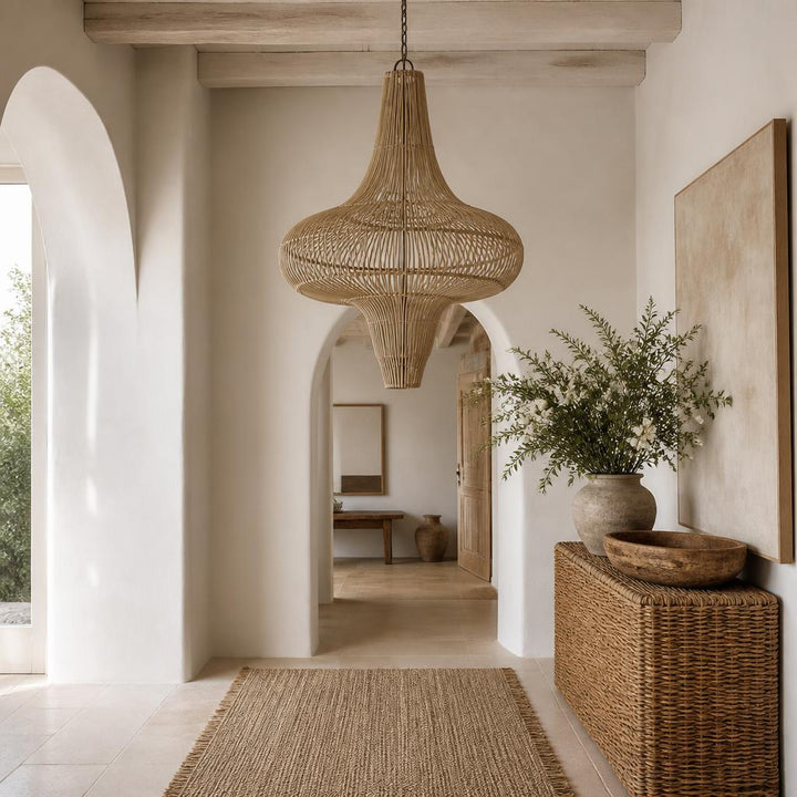 Double Gong Rattan Pendant Light styled in a room