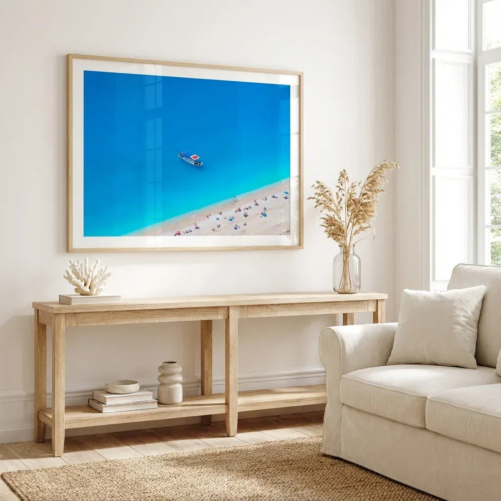 Room mockup featuring Azure Respite Boat Photography Print