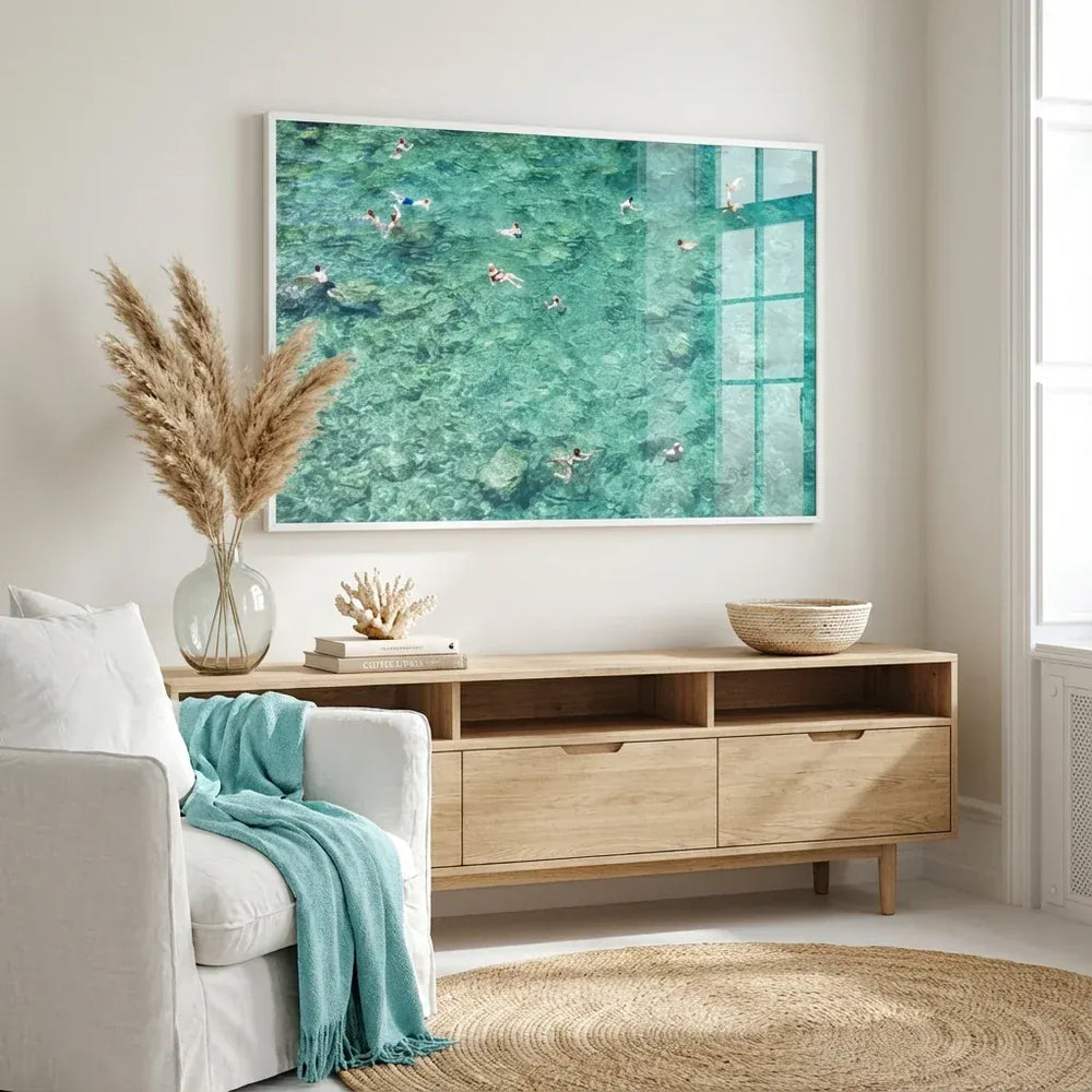 Room mockup featuring Azure Swimmers Photography Print