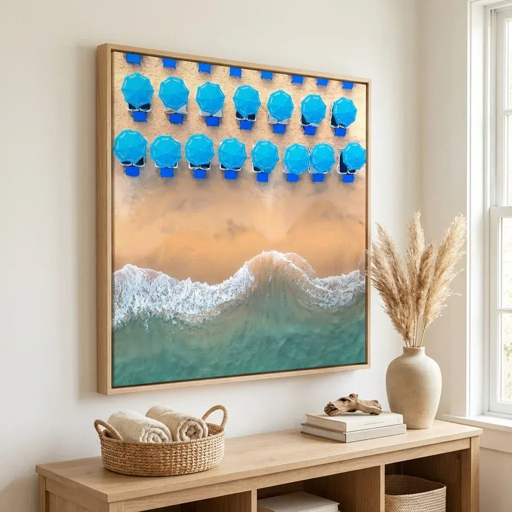 Room mockup featuring Azure Tidal Symmetry Photography Print
