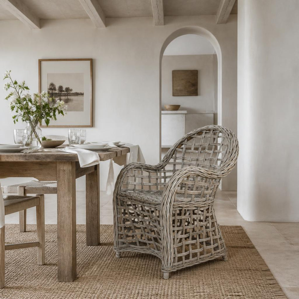Open-Weave Rattan Dining Chair styled in a room