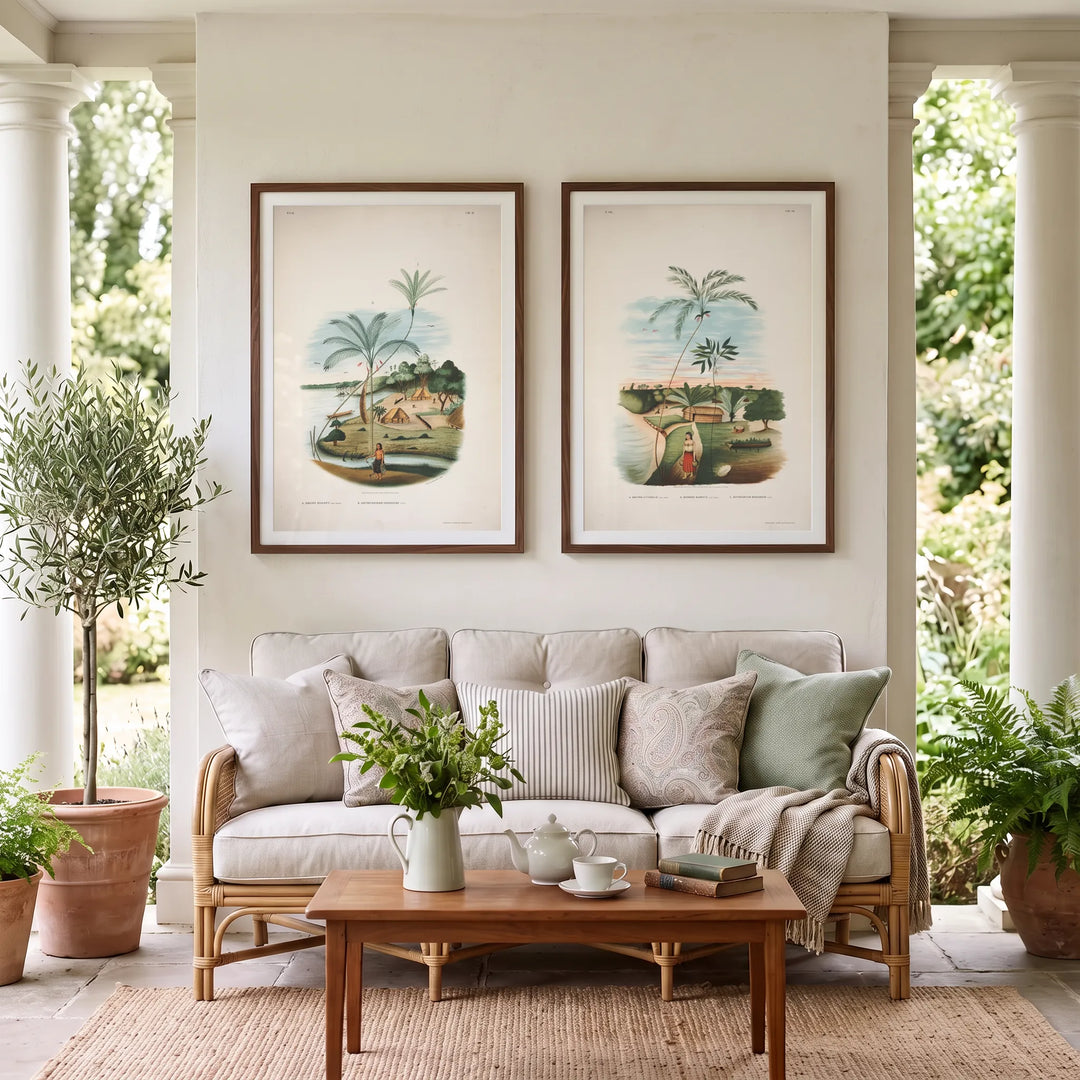 Bactris Exaltata and Bactris Littoralis Vintage Palm Pair framed on a covered garden terrace